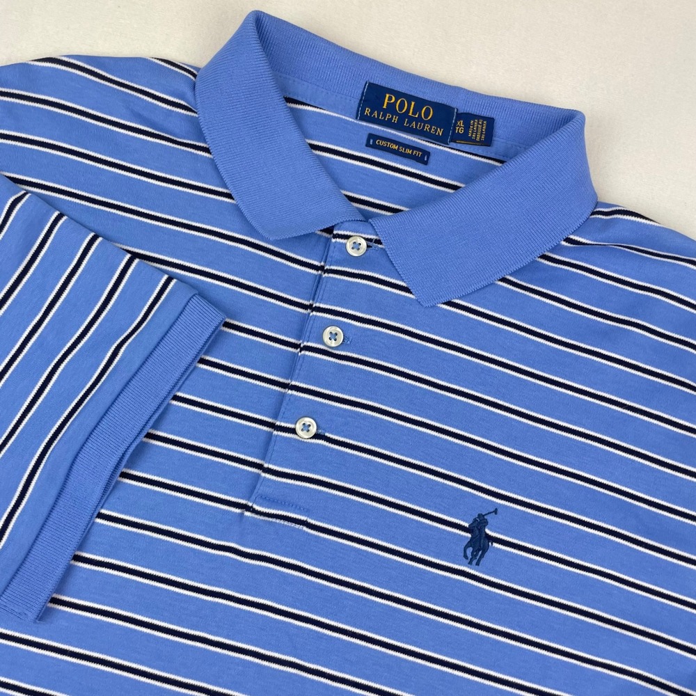 Polo Ralph Lauren Mens XL Custom Slim Fit Striped Short Sleeve Polo Shirt Blue